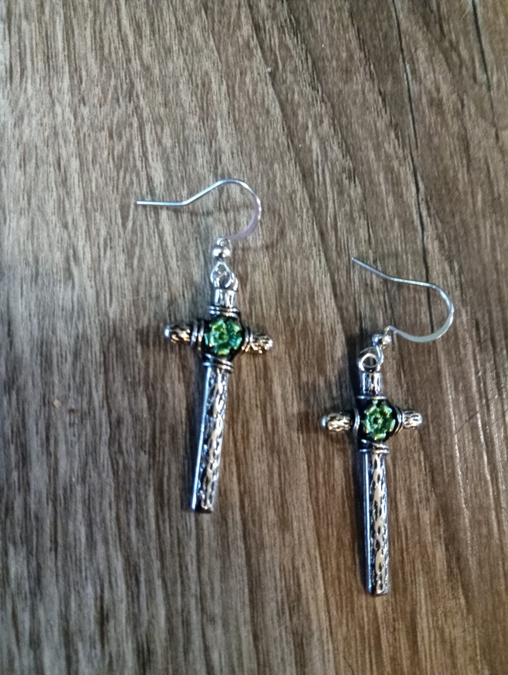 Silver Cross Drop Earrings with Green Accent